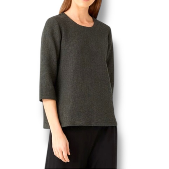 Eileen Fisher Textured Ripple Knit Seaweed Round Neck 3/4 Sleeve Top Medium - Picture 15 of 15